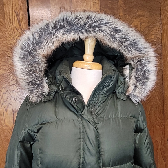 Eddie Bauer Lodge Dark Green Hooded Down Duffle Coat with Faux Fur Trim - Picture 11 of 12